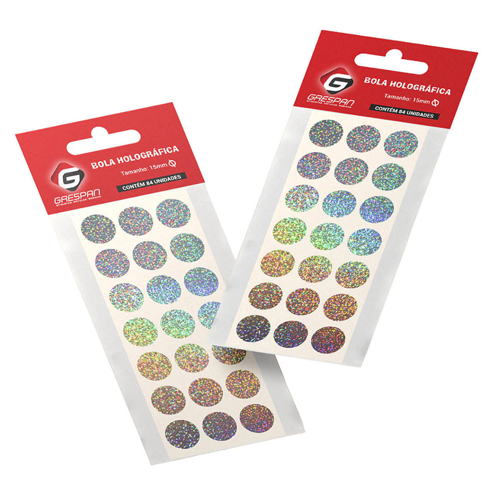 Etiqueta Bolinha 15mm Holográfica Grespan Cartela com 84 Etiquetas Adesivas para Codificação