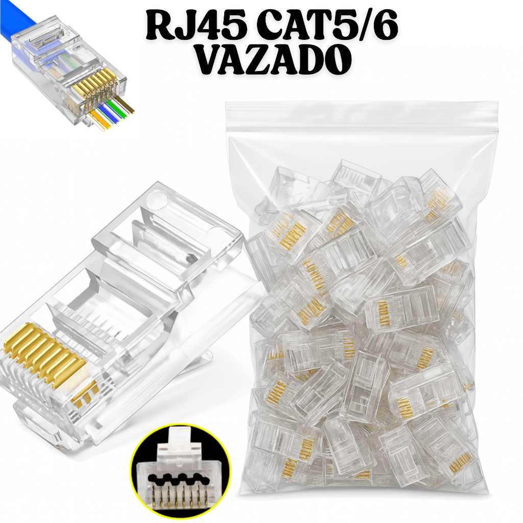 Kit Conector RJ45 Vazado PassThrough CAT5 CAT5e CAT6a Rede Internet 10,20,50 e 100 Banhado a ouro