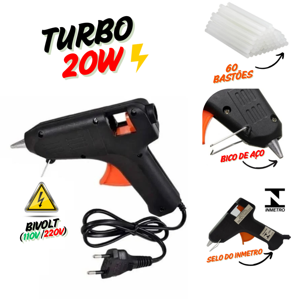 Pistola Cola Quente 20W Turbo + 60 Bastões de Cola  Bivolt e Pronto pro Uso