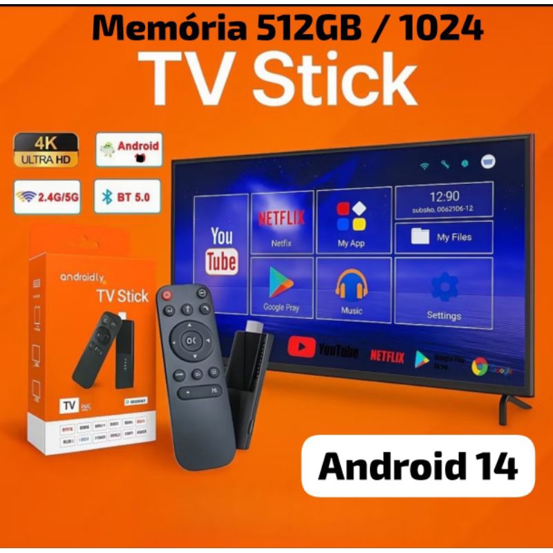 Tv Stick / Smart Tv Android 14 4k Wi-fi Hdmi Streaming Cor Preto