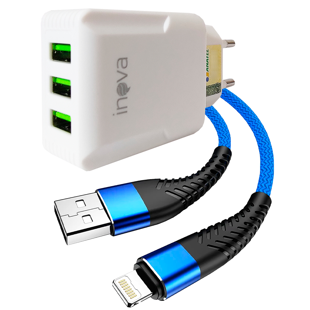 Carregador Celular Fonte USB 3 Entradas Com Cabo Carregador 2 Metros iPhone Android V8 Tipo C