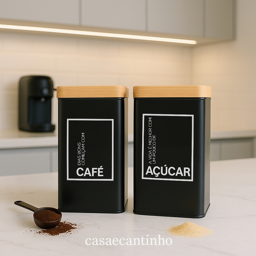 Kit 2 Latas Café Açúcar Potes Organizadores Tampa Amadeirada Preto Cozinha Moderna Decorativa 2