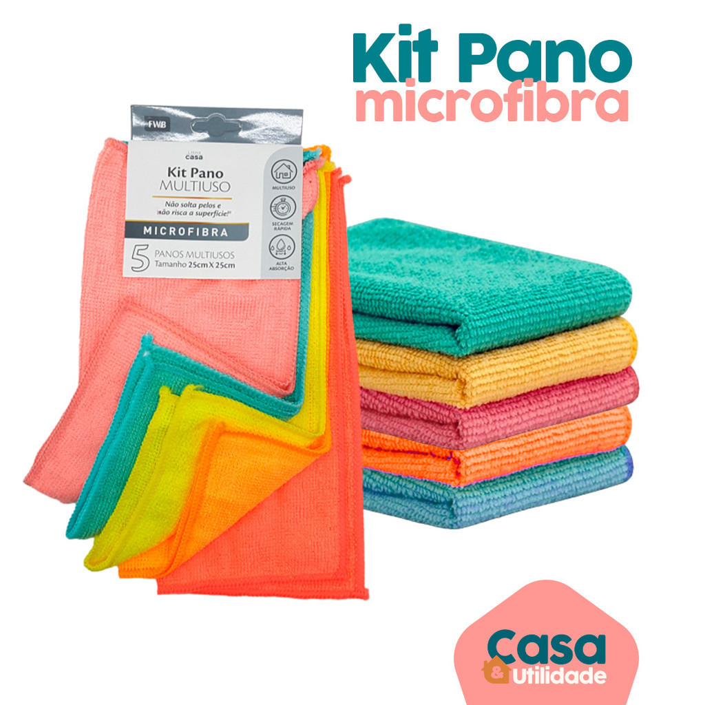 Kit 5 Panos Microfibra P/ Limpeza Multiuso Limpa Vidro Pia Pano Flanela Automotivo Flanela