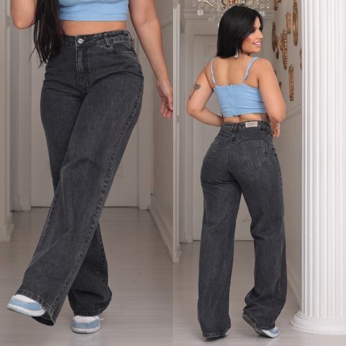 Calça Wide Leg Marmorizada Cinza/Chumbo Feminina 