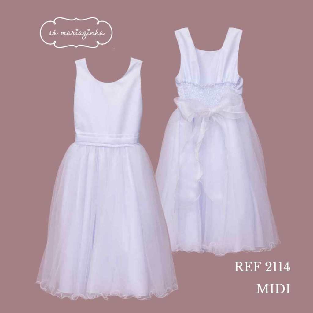 Vestido Infantil Branco Midi Com Faixa Lisa e Saia Tule faixa de Organza  Batizado Ref2114