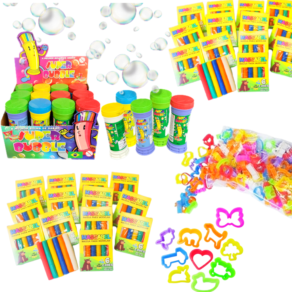15 Massinha de Modelar + 15 Bolha de Sabão + 30 Cortador Molde Forminha Lembrancinha Infantil
