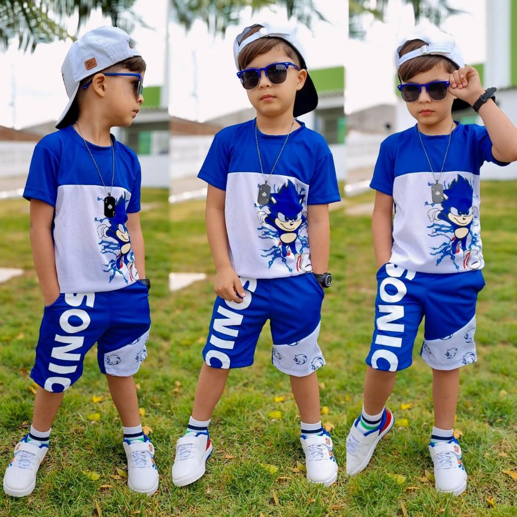 Conjunto Infantil Juvenil Menino Camisa + Bermuda masculina Infantil Dry Fit Personagens