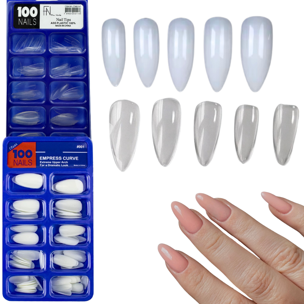 Kit 100 Unhas Postiça Almond Amendoada Realista Transparente Leitosa