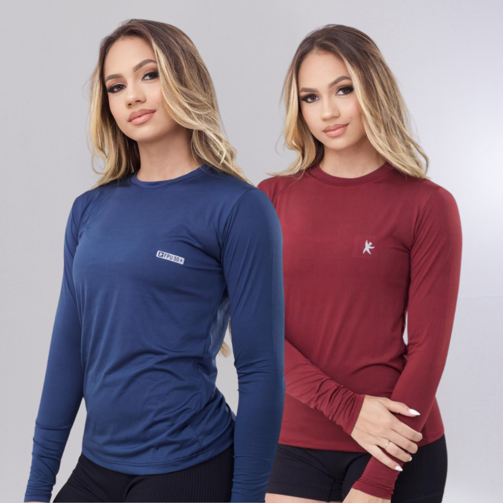 Kit 2 Camisa Térmica Feminina Proteção Uv 50+ Segunda Pele Camiseta Malha Fria MangaLonga UV