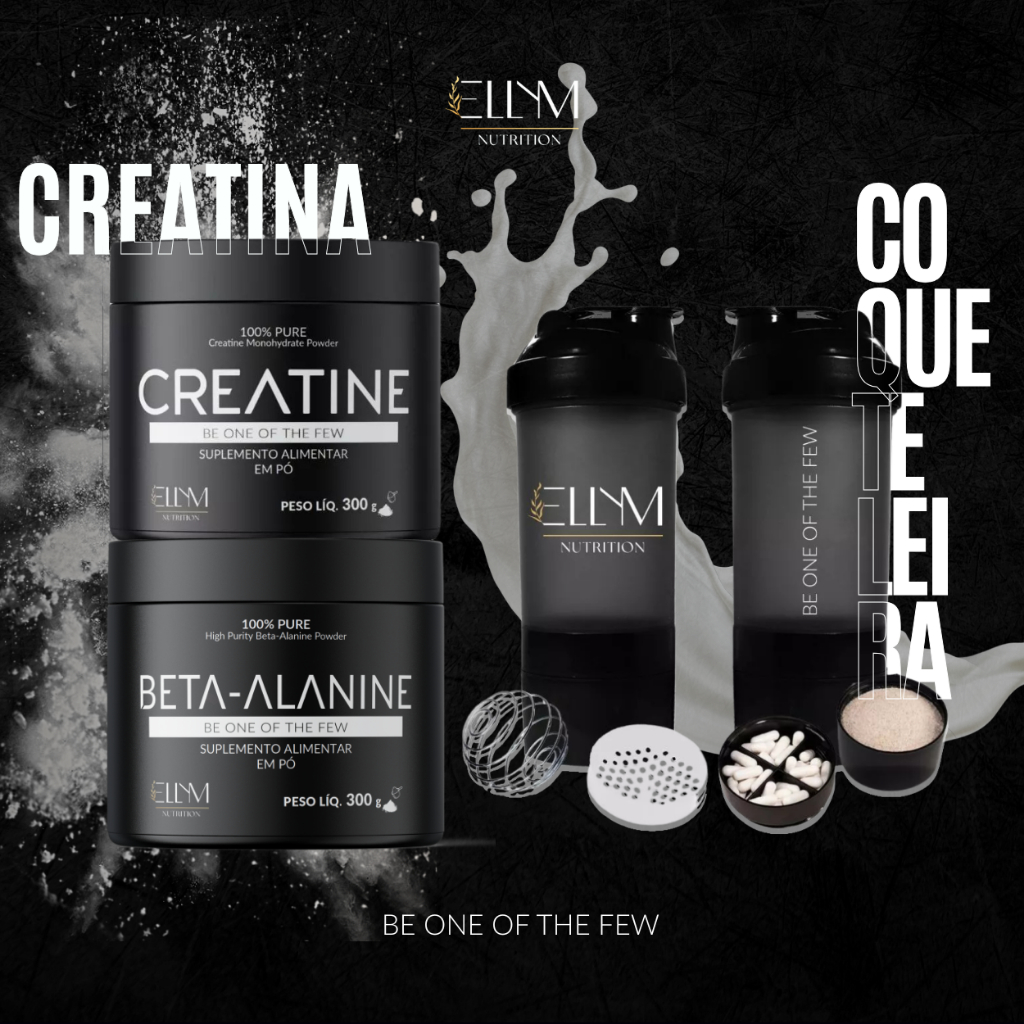 Kit Fitness Creatina 300g + Beta Alanina 300g + Coqueteleira 500ml Ellym Nutrition Treino Suplemento