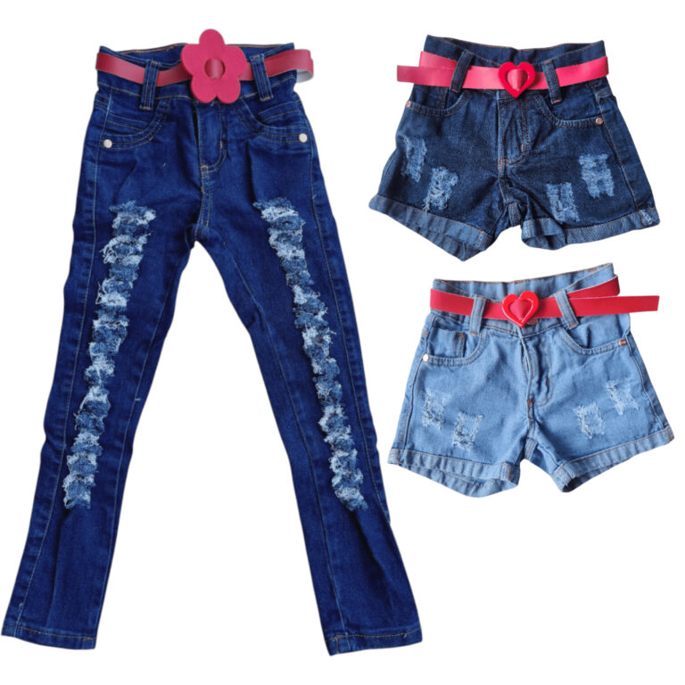 Kit Calça + 2 shorts Jeans Infantil Menina Destro