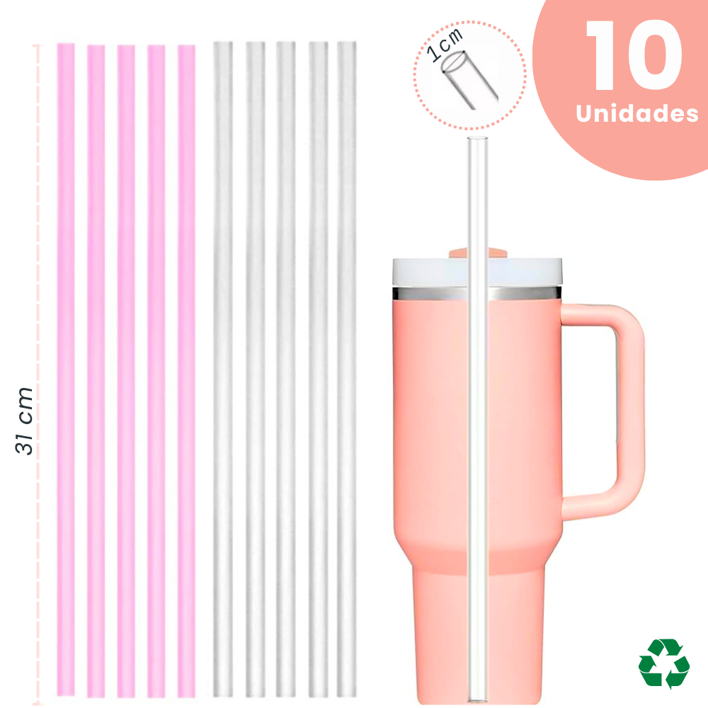 Canudos Substituição Reutilizáveis 31cm  Kit 10 Un Compativel Copo Térmico Quencher 40Oz