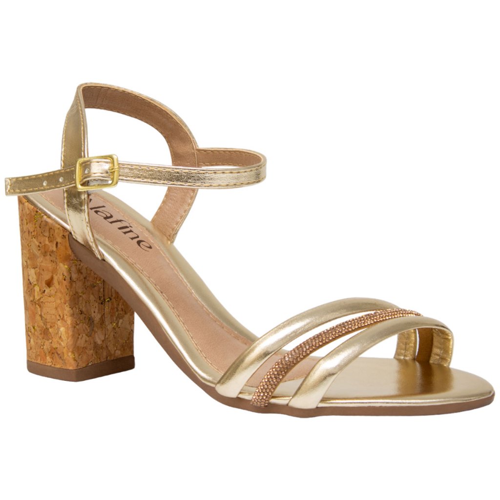 Sandália Salto Grosso Bloco Cortiça Strass Tiras Brancas Moda Casual