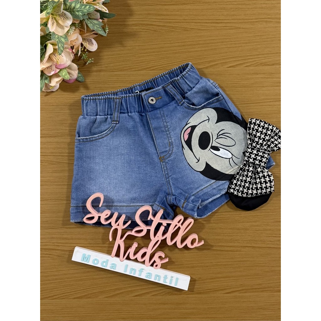 Shorts infantil Animê Jeans Minnie com Laço Disney