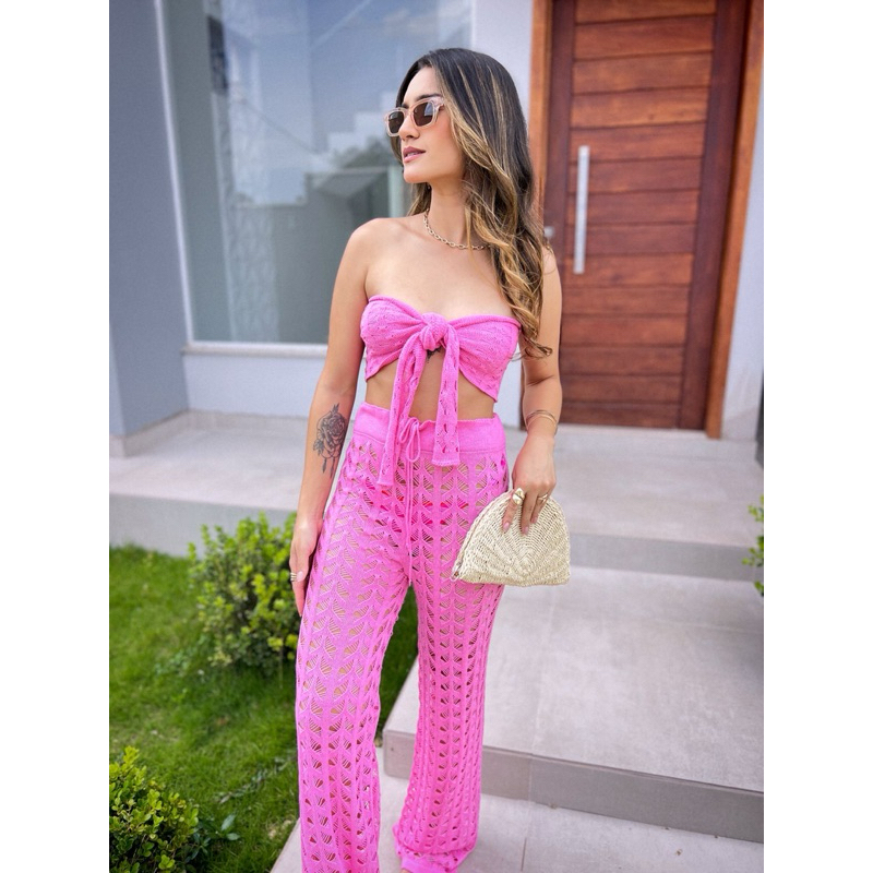 Conjunto Saída de Praia Tricô Feminino Calça com Cordão + Top Forrado com Amarração | Veste 38 ao 42