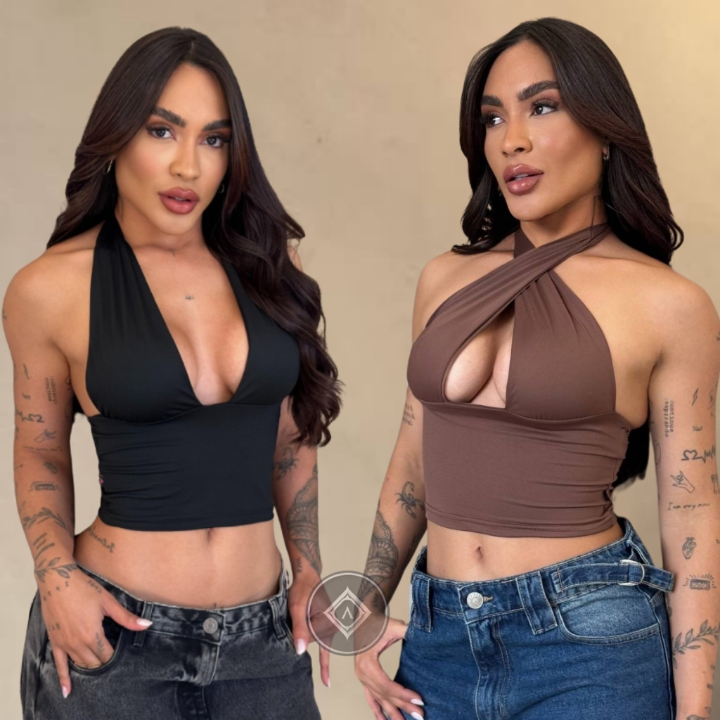 Blusa Top Cropped Com Amarraçao Multiformas Decote Forado Festa Moda Gringa Decotado Suplex Premium