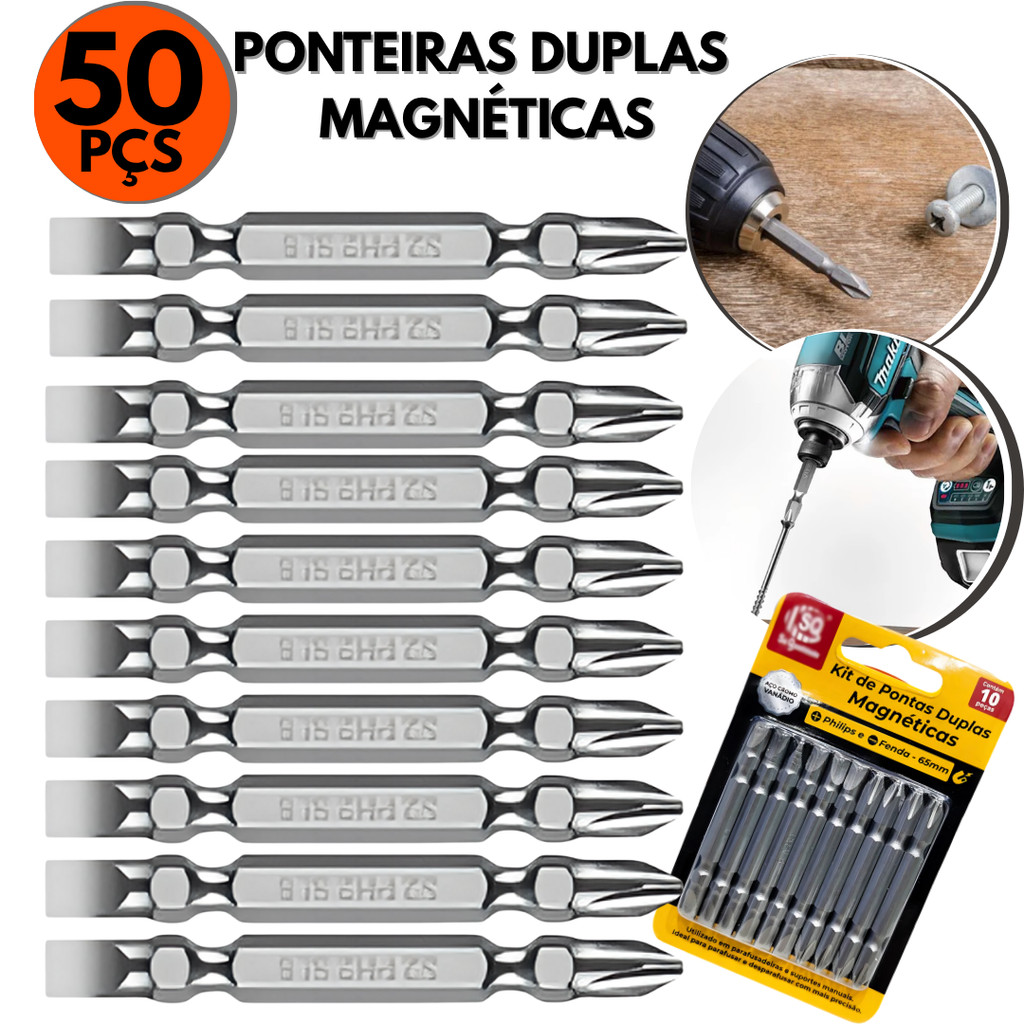 Conjunto 50 Un Ponteiras para Parafusadeiras Fenda e Filipes, Ponteira Dupla Magnética | 3 Cartelas
