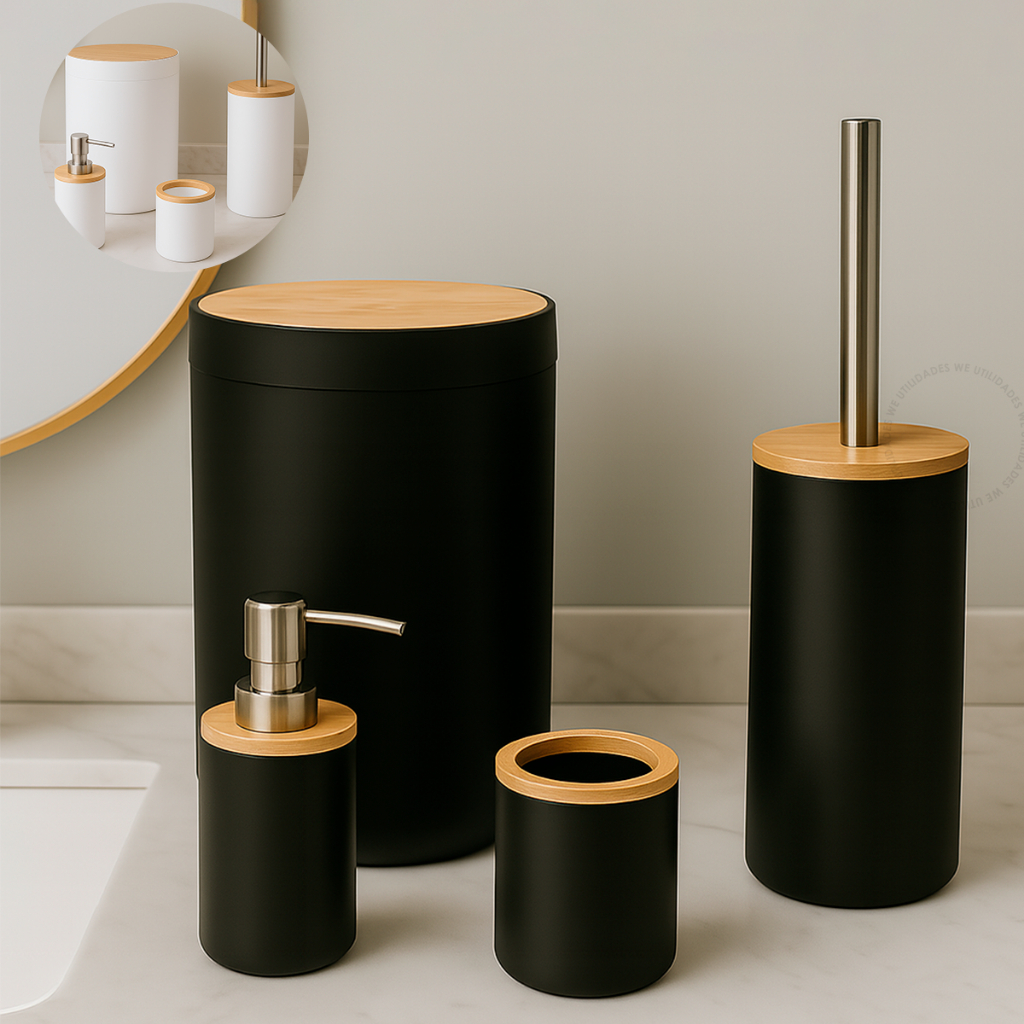 Kit Banheiro Conjunto 4 Peças Completo Lixeira Bambu Escova Sanitária Moderno Lavabo