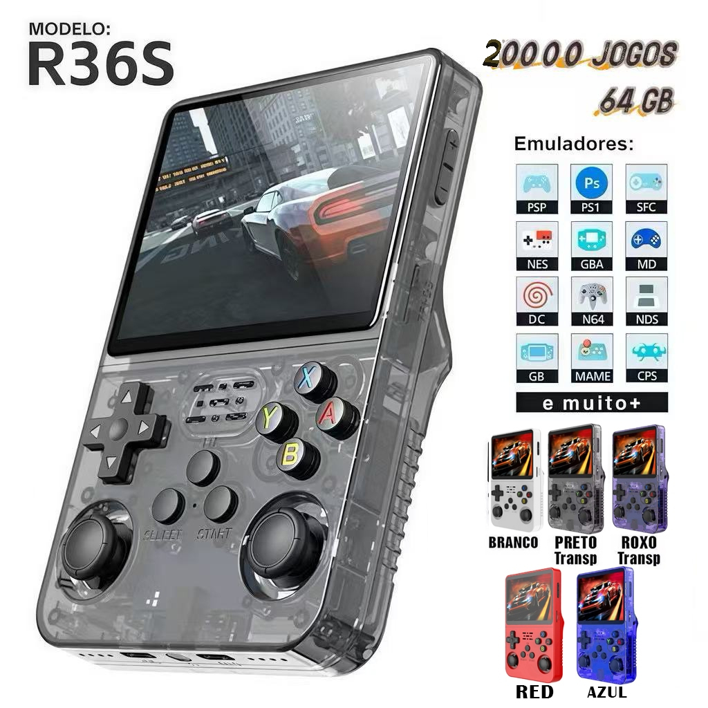 Console Portátil R36S com 20.000 Jogos  Tela IPS 3.5 64GB  Emulador Retro Games Presente premium