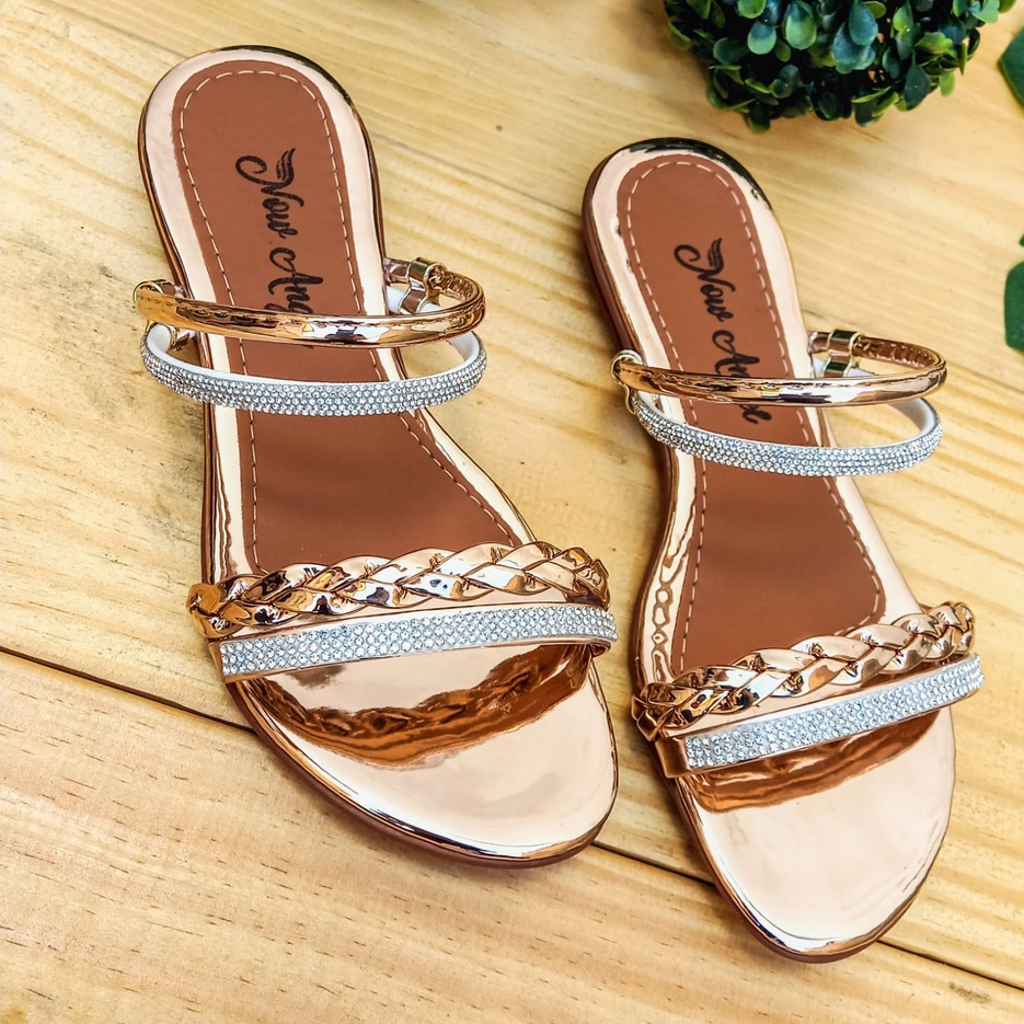 Sandália Feminina Dourada Rasteirinha Feminina Brilho Chinelo Metalizado Feminino Moda Confortável F