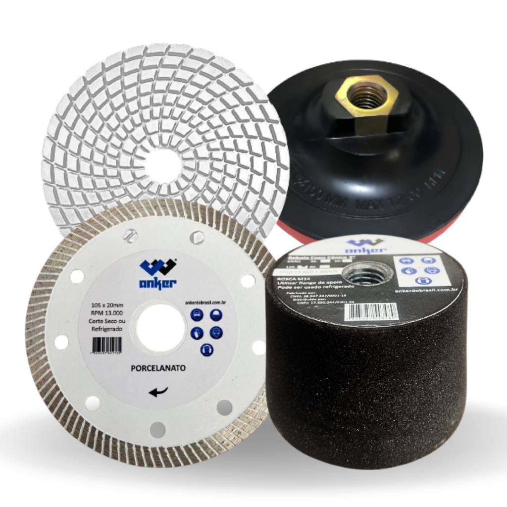 Kit Acabamento 45 Porcelanato Rebolo Lixa Suporte Disco