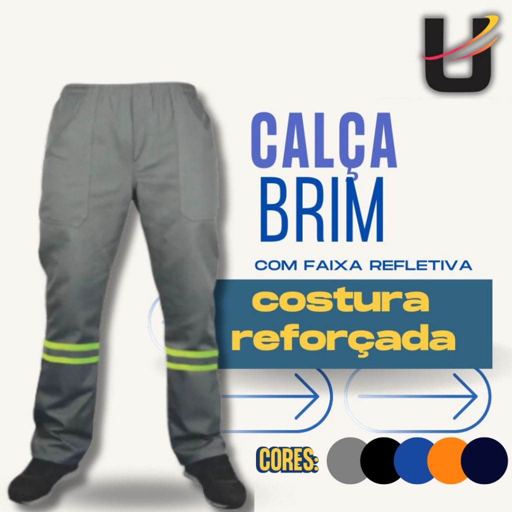 Calça REFORÇADA de Brim Pesado com Faixa Refletiva Uniforme Profissional para Trabalho