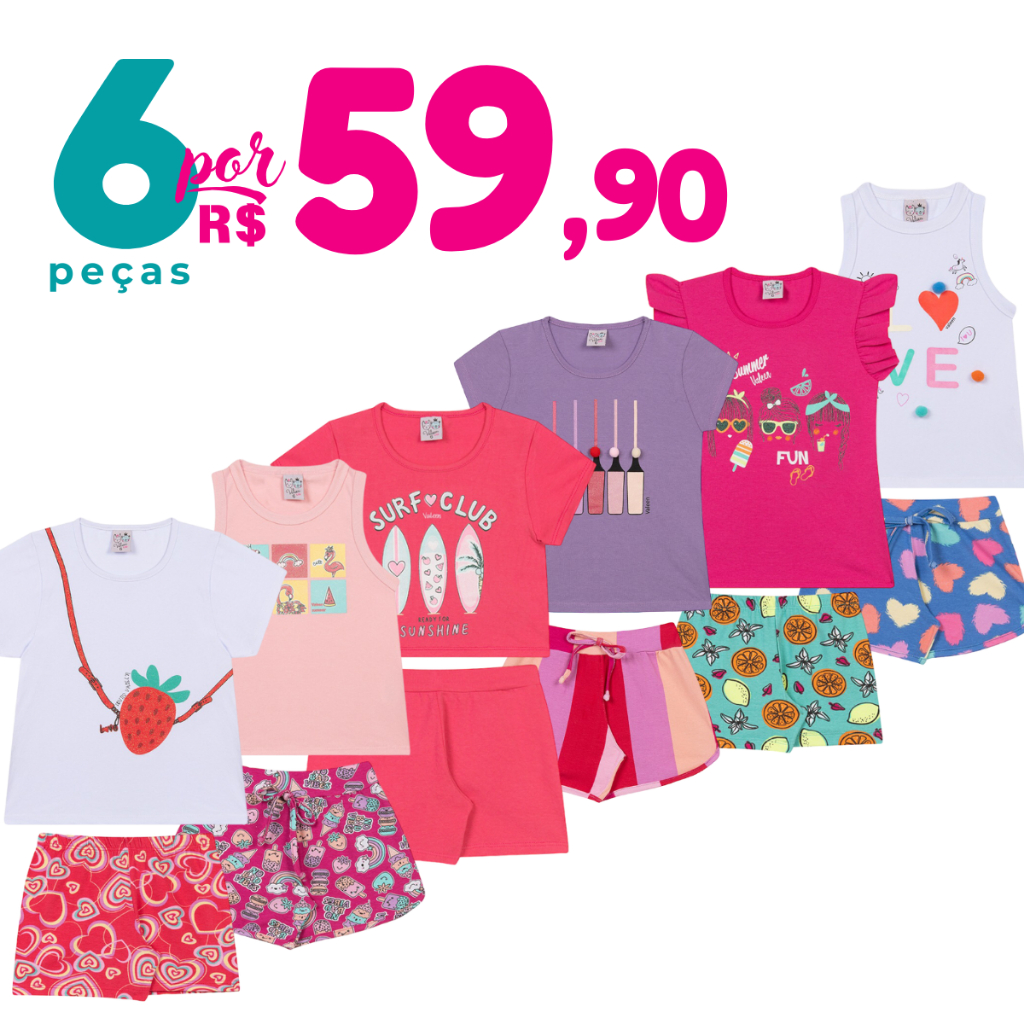 Kit 6 Peças de Roupas Infantil Menina Verão