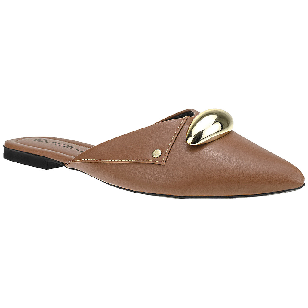 Sapatilha Mule Feminino Bico Fino Loafer Aplique Metalizado