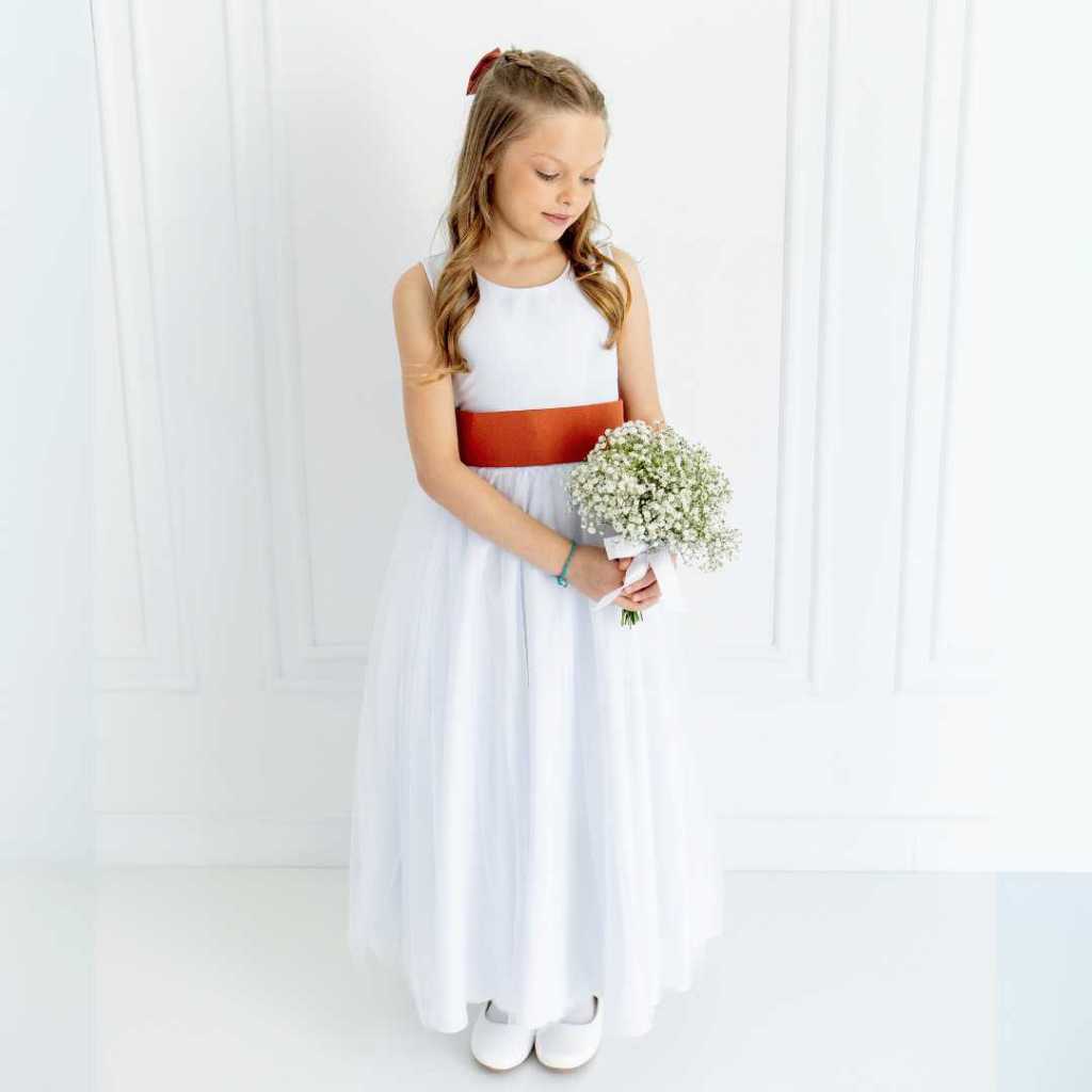 Vestido Infantil Longo Branco Dama de Honra Faixa Terracota com Saia Tule REF4072