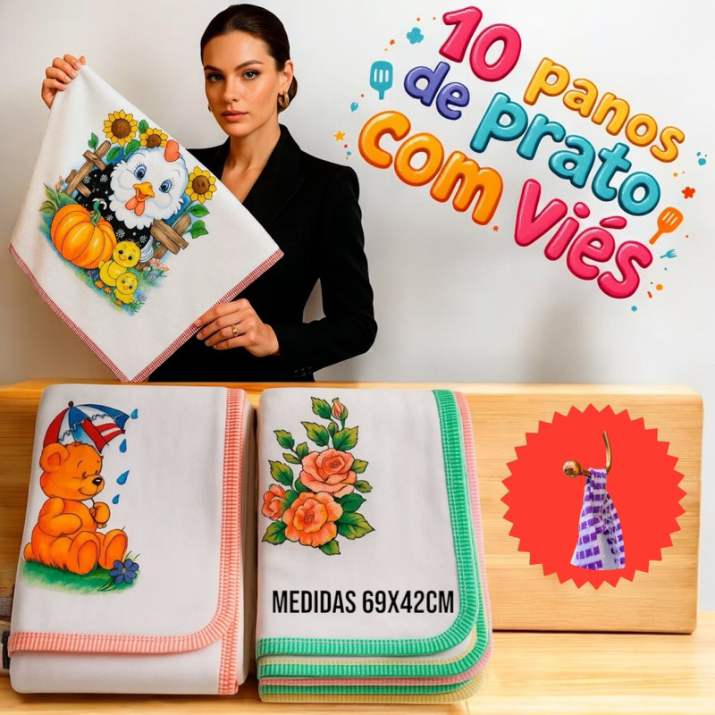 10 Panos De Prato Viés Estampado Uso Cozinha Multiuso Domestico Excelente Durabilidade Grandes
