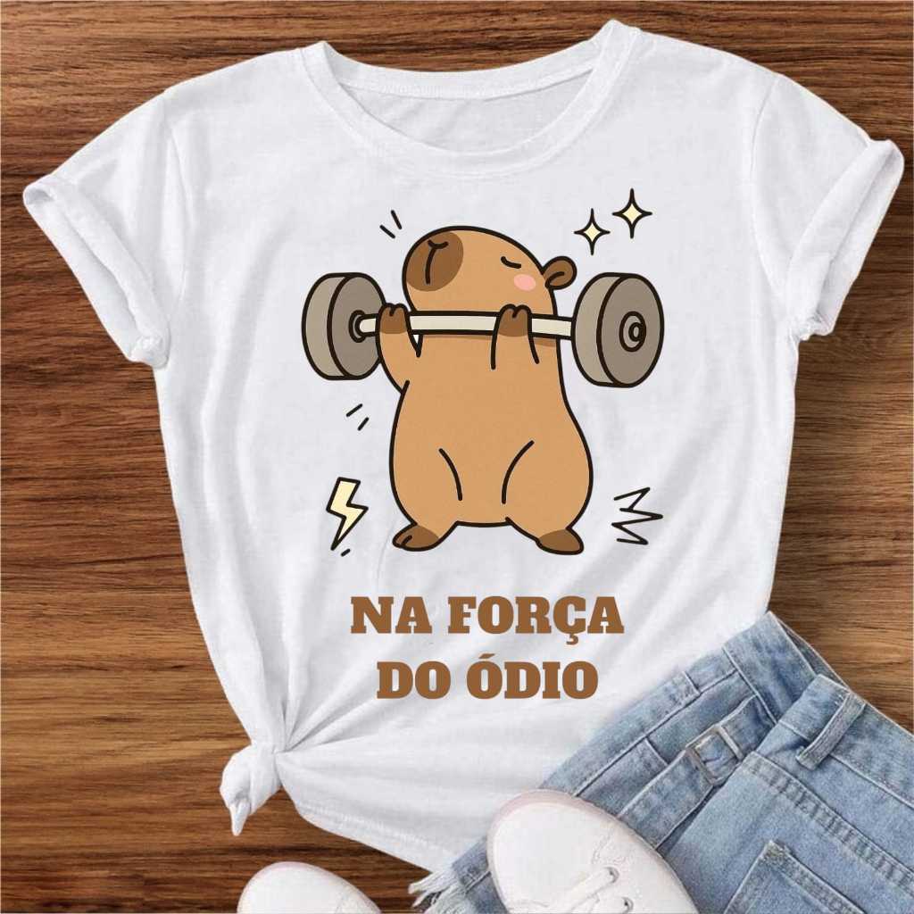 Camiseta Feminina Engraçada Na Força do Ódio | Estampa Academia Capivara Fofa |  Tamanhos M, G, GG