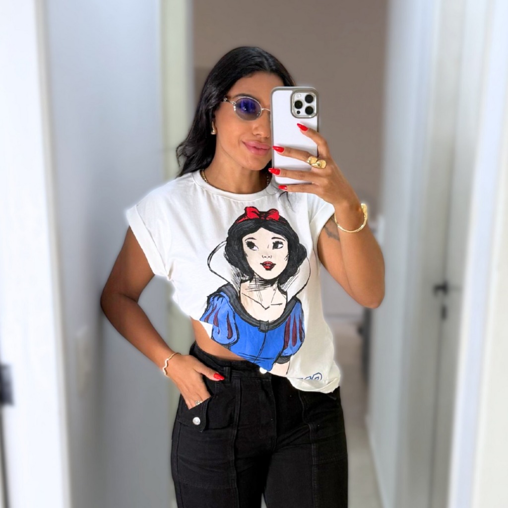 Blusa Feminina Tecido 100% Algodão Estampada Manga Japonesa Branca de Neve