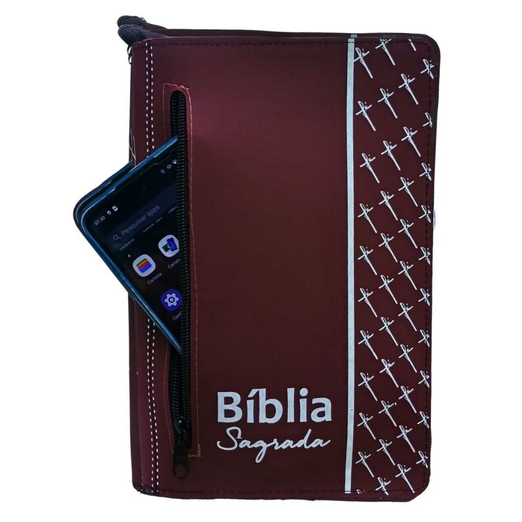 Capa para Bíblia Média com Zíper e Bolso Externo Porta Celular Couro Sintético Vinho | N.11