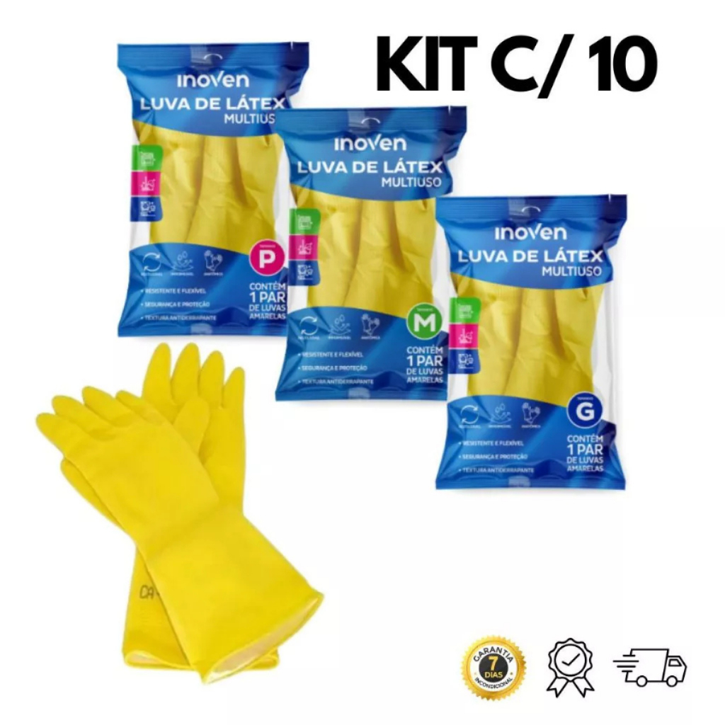 Kit Até 10 Pares de Luva Multiuso – Latex Amarela para Limpeza Domiciliar
