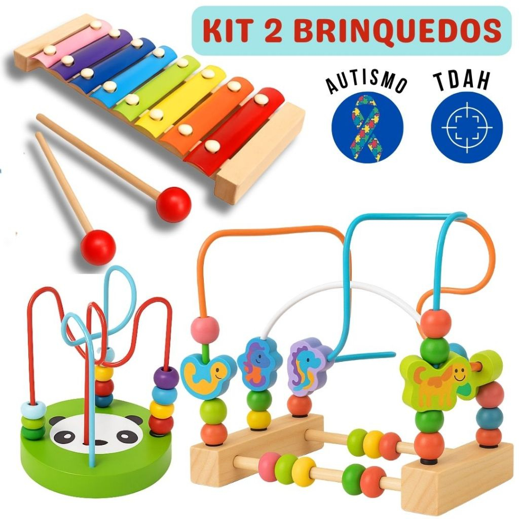 Kit 2 Brinquedo Montessori Sensorial Para Criança Autista Xilofone + Brinquedo Aramado- Coordenação