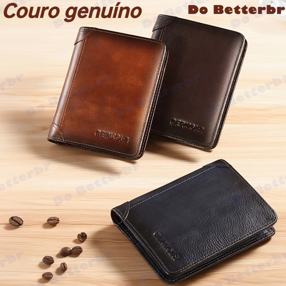 Carteira Antifurto Masculina De Couro Legítimo Vintage De Trifold E Bifold À Escolha