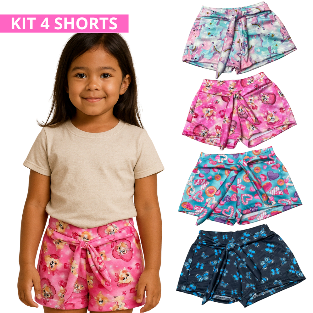 Kit 4 Shorts Infantil Menina Bermuda verão infantil dia a dia estampas coloridas