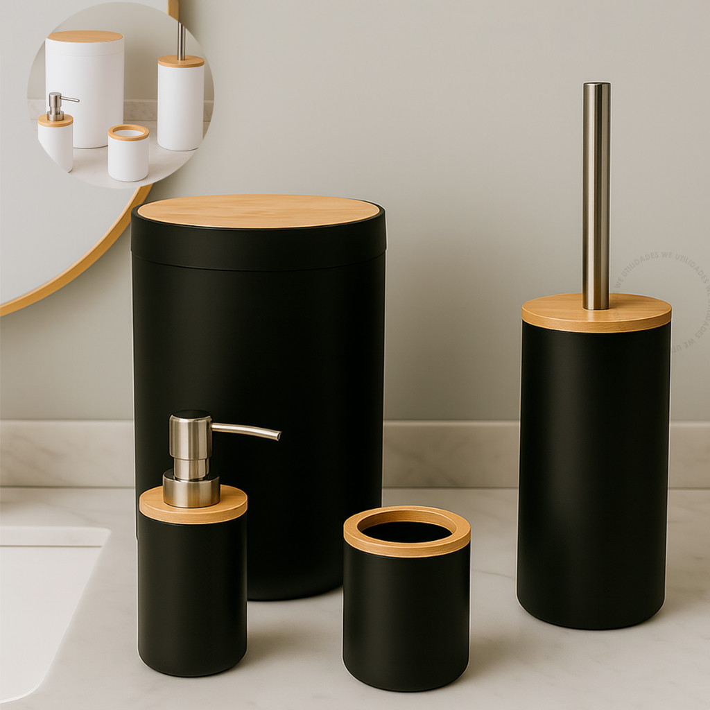Kit Banheiro Conjunto 4 Peças Completo Lixeira Bambu Escova Sanitária Moderno Lavabo