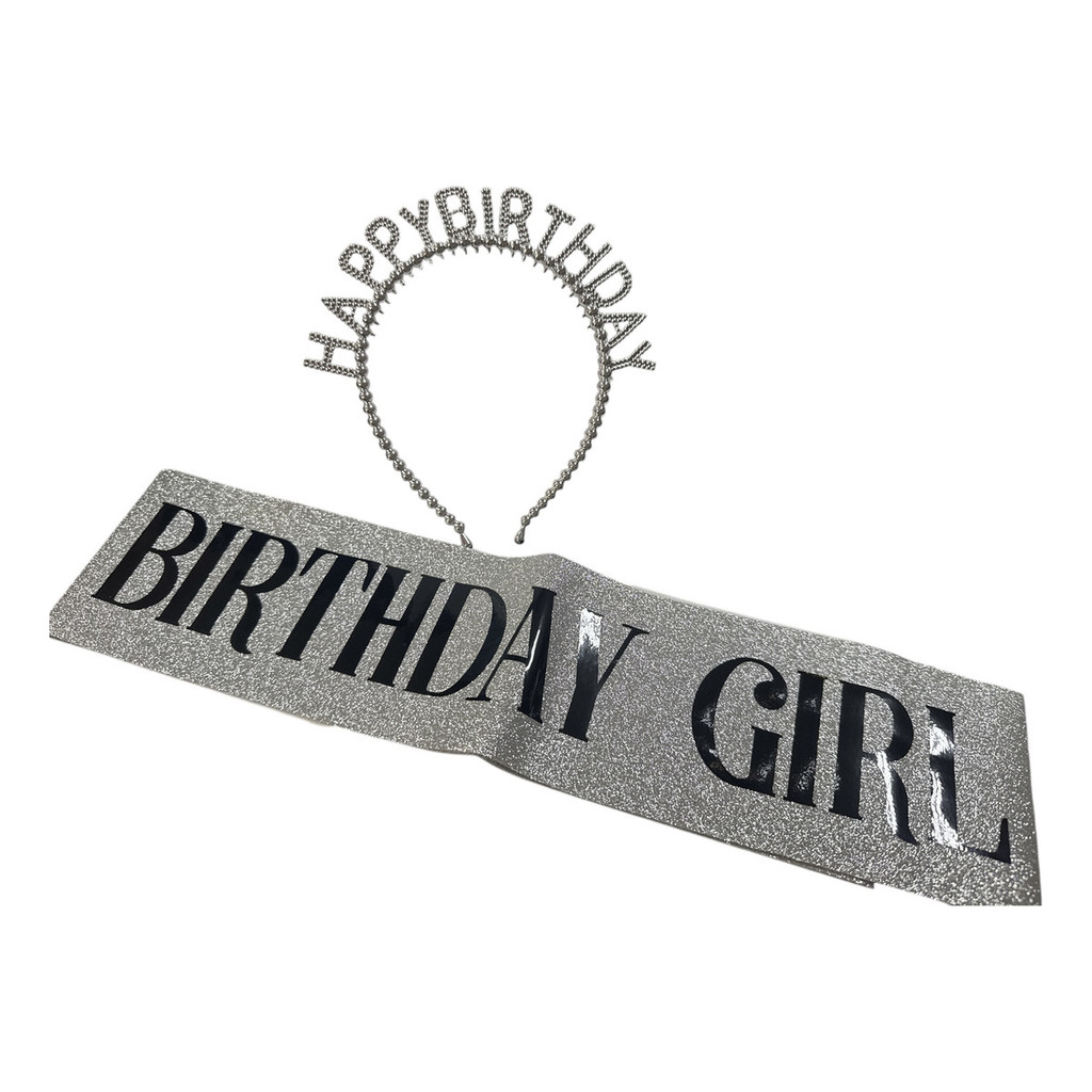 Kit Faixa e Tiara Feliz Aniversario Happy Birthday Girl Dourada Prata Rosa Festa Niver 15 Anos Debut