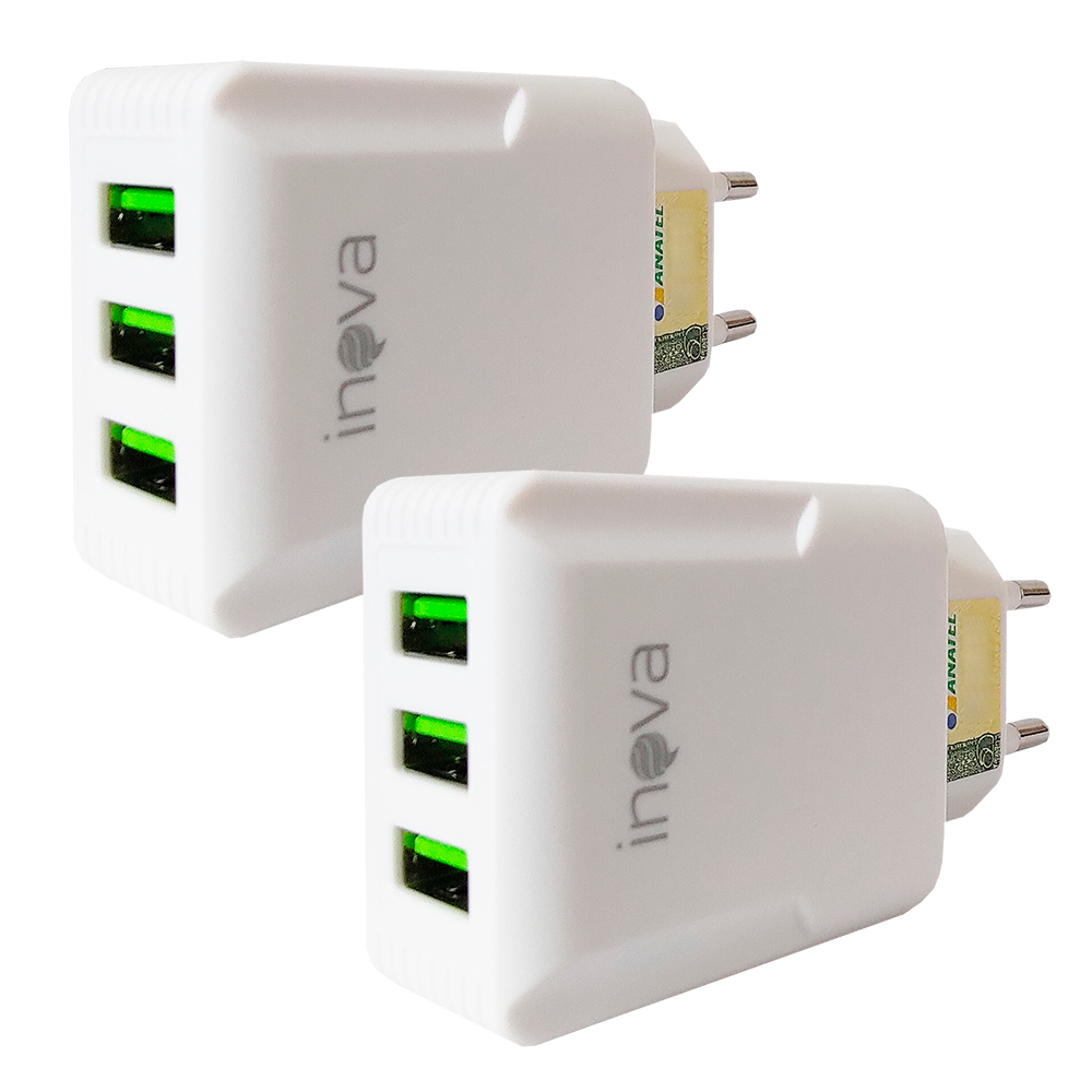 2 Carregadores Celular 3 Entradas Fonte USB Rápido 5.1A Original Inova