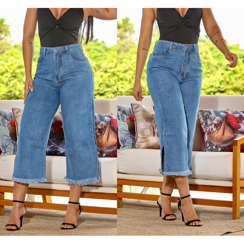 Calça Pantacourt Cintura Alta Jeans Premium Feminina