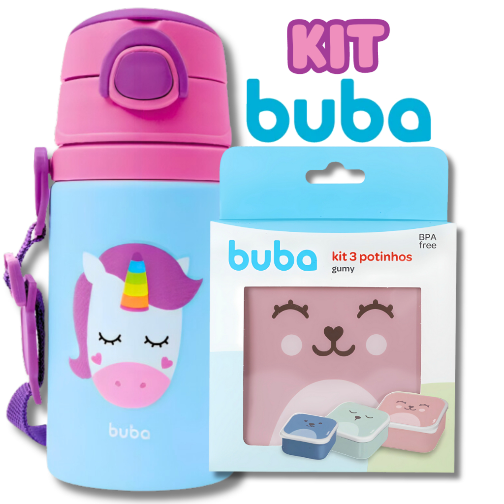 Kit Garrafa Infantil Com Canudo + Kit 3 Potinhos Animal Fun e Gumy Garrafinha Buba Bebê Buba 400ml