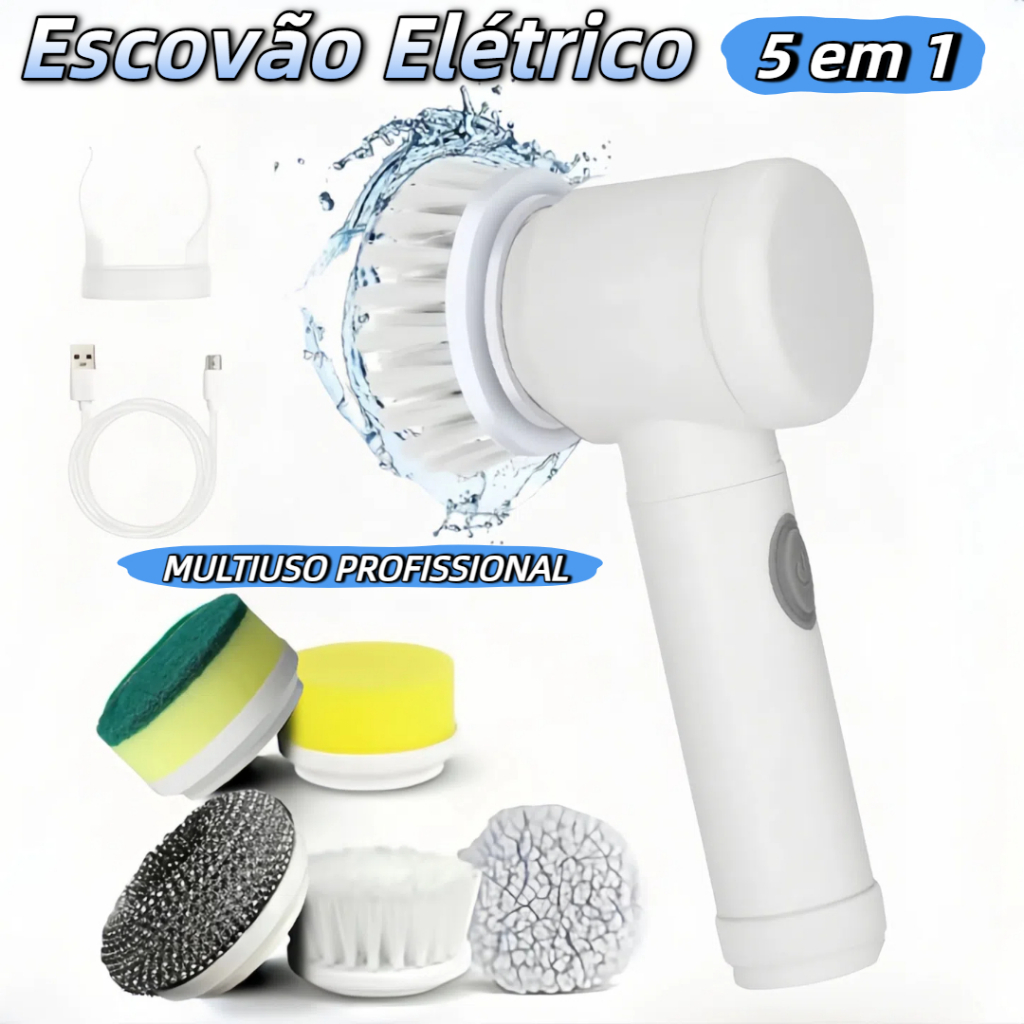 Kit Escova Elétrica de Limpeza 5 em 1 Sem FioLimpador Multiuso Prático para Cozinha e Banheiro