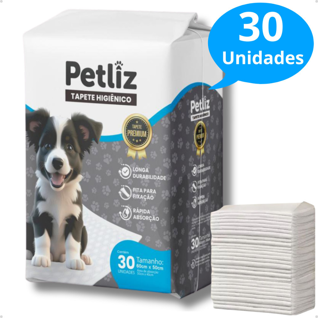 Kit com 1 ou 2 ou 3 Tapete Higiênico Descartável Premium Ultra Absorvente p Cachorro 60x50cm Petliz