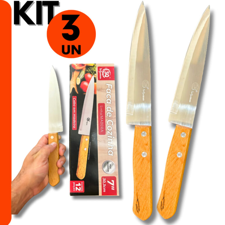 Kit 3 Facas para Cozinha Com Cabo em Madeira 6