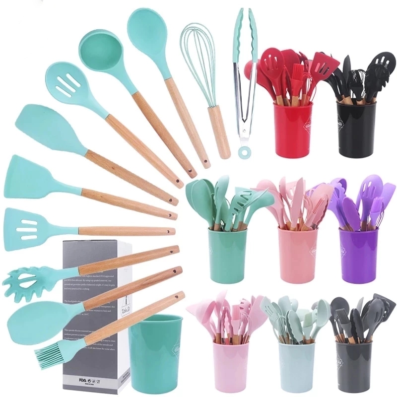 KIT de Utensílios Para Cozinha em Silicone e Bambu 12 Peças