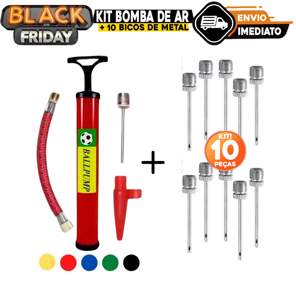 Kit Bomba de Ar com Acessórios + 10 Bicos de Metal para Encher Todo Tipo de Bolas Bico Encher Infláv