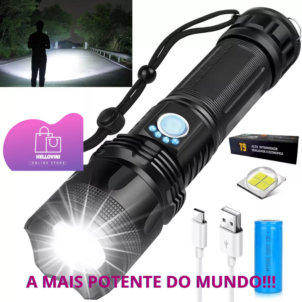 Lanterna Super Potente T9 P50 Tática Mais Forte Do Mundo Potente Sitio Fazenda Acampamento Camping S