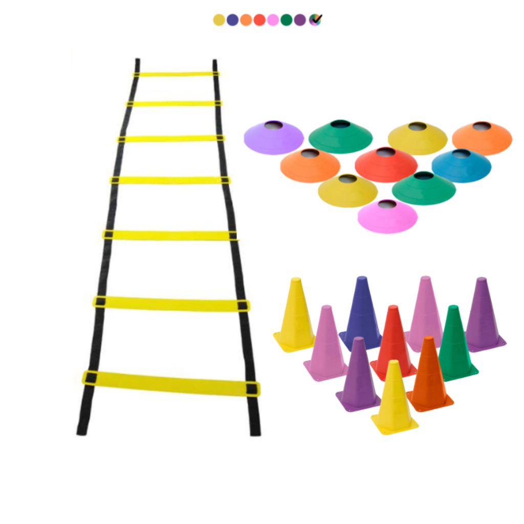 Kit Funcional Agilidade Treinamento Treino Futebol Futsal 10 Cones 10 Chapéu Chinês Escada 7 Degraus