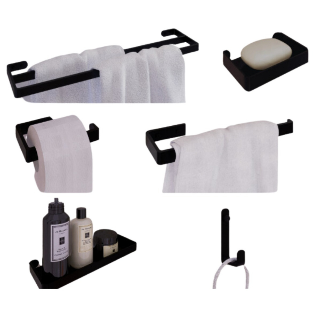 Kit Completo Assessórios Para Banheiro Preto Toalheiro Duplo Saboneteira Porta Shampoo